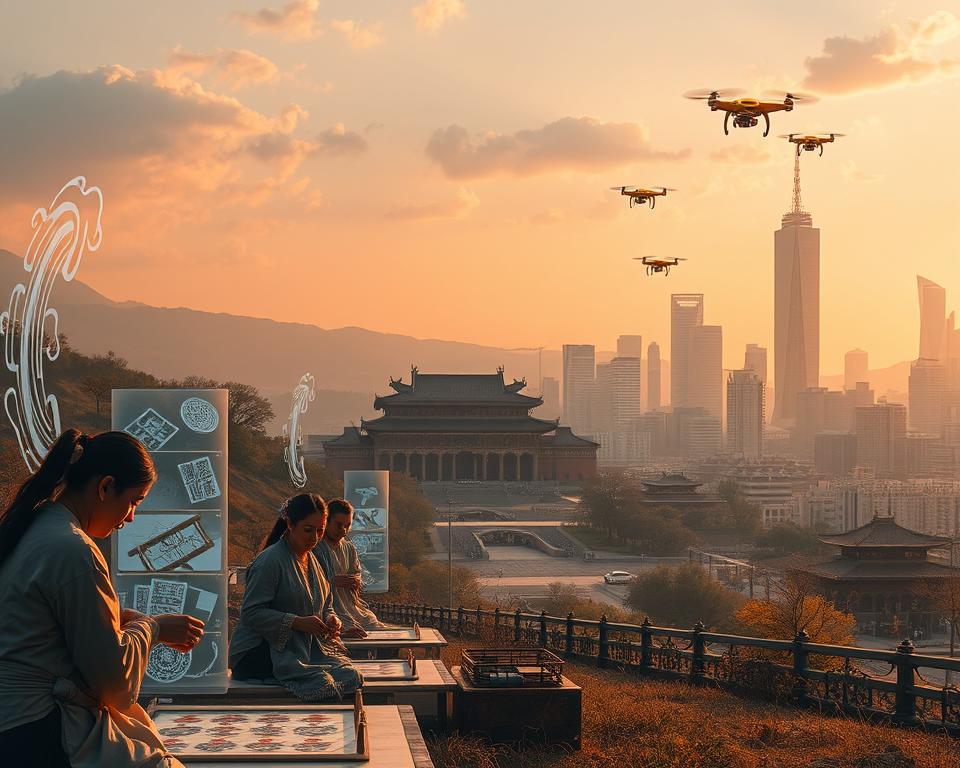 A serene digital landscape, where ancient traditions are woven seamlessly into the modern world. In the foreground, a group of people engrossed in a time-honored craft, their hands skillfully shaping intricate patterns against a backdrop of sleek, holographic displays. The middle ground features a grand, historic building - its timeless architecture juxtaposed with a shimmering, holographic overlay, representing the fusion of the past and the future. In the distance, a bustling city skyline, its towering skyscrapers adorned with traditional motifs, and glowing drones soaring overhead, capturing the essence of a culture that embraces both its heritage and technological progress. Warm, golden lighting casts a nostalgic glow, while a sense of harmony and balance permeates the scene, showcasing the seamless integration of Tradition in the Digital Age.