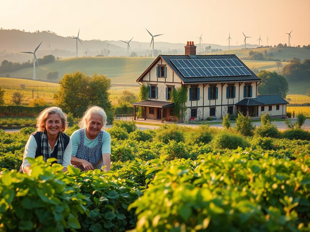 A serene family-owned business in a verdant landscape, showcasing their commitment to sustainability. In the foreground, a multigenerational group tending to a lush organic garden, their faces filled with contentment. The middle ground reveals solar panels adorning the roof of a well-maintained historic building, symbolizing the fusion of tradition and technology. In the background, rolling hills dotted with wind turbines create a picturesque scene, hinting at the broader environmental initiatives embraced by this forward-thinking enterprise. Warm, diffused lighting casts a golden glow, conveying a sense of harmony and stewardship. This image embodies the essence of a family business that honors its legacy while embracing a sustainable future.