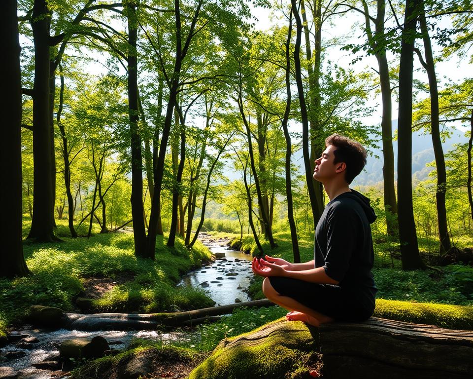 A serene forest scene, with dappled sunlight filtering through the lush, verdant canopy. In the foreground, a person sits cross-legged on a moss-covered log, eyes closed, deeply immersed in a state of mindful contemplation. The surrounding trees are tall and stately, their branches swaying gently in a soft breeze. In the middle ground, a babbling brook winds its way through the undergrowth, its soothing sounds adding to the tranquil atmosphere. The background is filled with distant hills and mountains, their silhouettes hazy and dreamlike. The overall mood is one of profound connection to the natural world, inviting the viewer to slow down, breathe deeply, and experience the restorative power of being present in the moment.