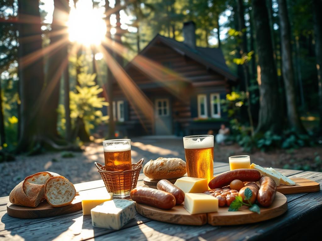 A serene forest setting in the Black Forest, Germany, with a rustic wooden cabin nestled among the trees. In the foreground, a table is set with an array of local delicacies - freshly baked bread, hearty sausages, a selection of regional cheeses, and a glass of locally-brewed beer. Sunlight filters through the lush canopy, casting a warm, golden glow over the scene. The atmosphere is cozy and inviting, capturing the essence of the Black Forest's hidden culinary gems. A sense of tranquility and appreciation for the region's natural bounty pervades the image.