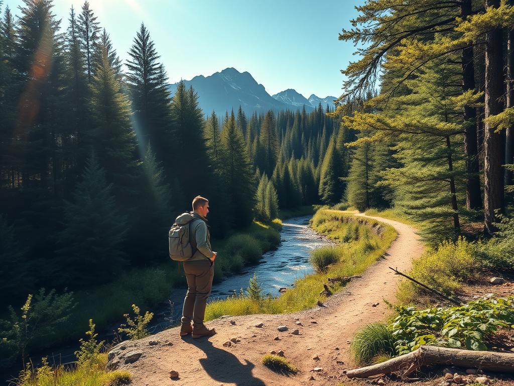 A serene hiking trail winds through the lush, verdant forests of the Black Forest, sunlight filtering through the canopy and casting a warm, golden glow. In the foreground, a lone hiker, clad in practical outdoor gear, stands admiring the picturesque landscape, taking in the tranquil atmosphere. The middle ground features a secluded stream, its crystal-clear waters reflecting the surrounding foliage. In the distance, rugged, snow-capped peaks rise majestically, creating a breathtaking backdrop. The scene evokes a sense of peaceful solitude, inviting the viewer to discover the hidden gems and enchanting trails that the Black Forest has to offer.