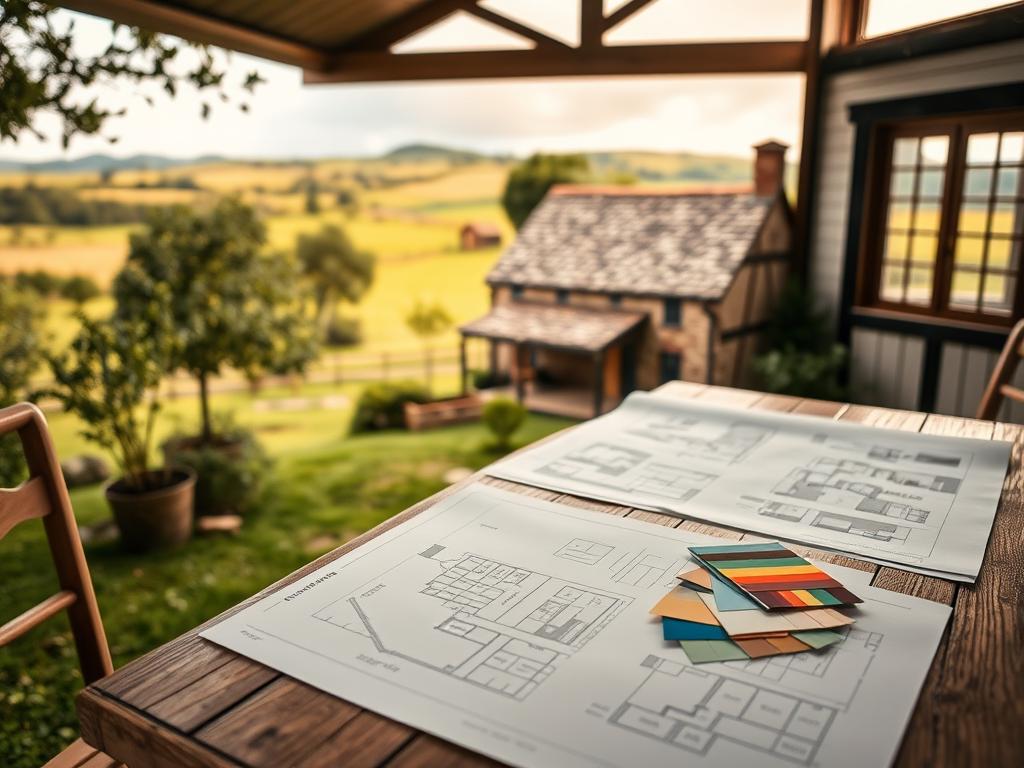 A serene home renovation planning scene set in a cozy rural environment. In the foreground, a wooden table displays architectural blueprints, sketches, and color swatches, hinting at the careful planning process. Midground showcases an older, charming farmhouse with weathered exterior walls and a slate roof, surrounded by lush greenery and rolling hills in the background. Warm, natural lighting filters through large windows, creating a welcoming, thoughtful atmosphere. The overall composition suggests a meticulous, well-considered approach to sustainably renovating a beloved, historic rural property.