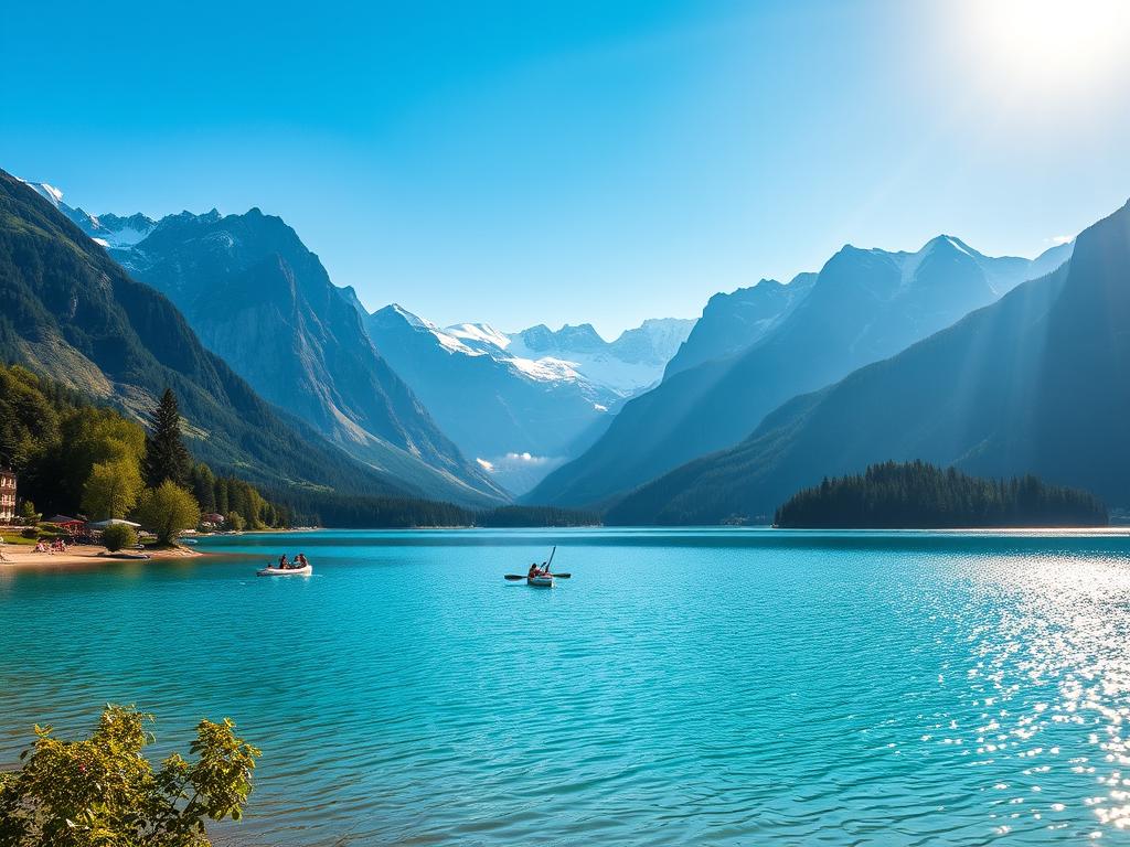 A serene lakeside scene in southern Germany, capturing the natural beauty of the Badeseen (swimming lakes) in the regions of Bayern and Baden-Württemberg. In the foreground, a tranquil, turquoise-hued lake is flanked by lush, verdant shores. Towering, snow-capped mountains rise majestically in the background, their peaks piercing the azure sky. Sunlight dances across the gently rippling water, creating a mesmerizing play of light and shadow. Beachgoers dot the shoreline, lazily soaking up the warmth of the sun, while kayakers glide across the still surface. The atmosphere is one of peaceful relaxation, inviting visitors to immerse themselves in the picturesque natural splendor of these beloved southern German swimming destinations.