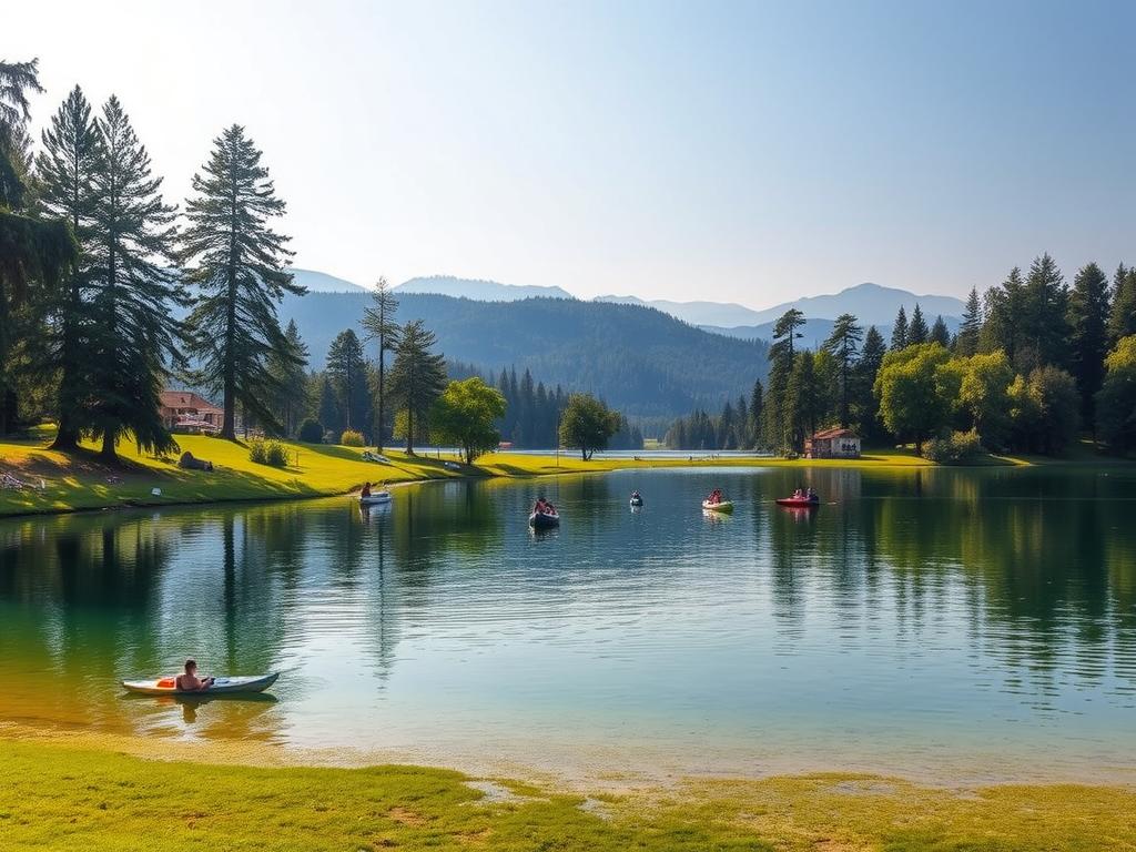 A serene lakeside scene in southern Germany, capturing the tranquil atmosphere of the Seen region of Bayern and Baden-Württemberg. In the foreground, a pristine, glassy lake reflects the lush, verdant shoreline. Towering pine trees line the banks, their branches casting soft, dappled shadows on the calm waters. In the middle ground, people lounge on the grassy shores, some paddling gently in small boats or kayaks, while others recline on blankets, soaking in the warm sunshine. The background features rolling hills and distant mountains, their peaks hazy under a soft, golden light. The overall mood is one of relaxation and quiet enjoyment, inviting the viewer to imagine themselves in this tranquil, secluded oasis.