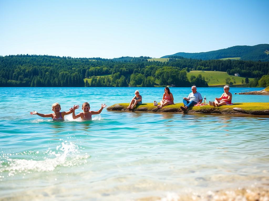 A serene lakeside scene with a family enjoying a sunny day by the water. In the foreground, a group of children splashing in the crystal-clear, turquoise waters of a tranquil lake, their laughter and delight filling the air. In the middle ground, parents and grandparents relaxing on the grassy shore, picnicking and soaking up the warm sunshine. The background features lush, verdant forests and rolling hills, creating a picturesque, natural setting. The lighting is soft and diffused, evoking a sense of peace and relaxation. The composition captures the idyllic, family-friendly atmosphere of this idyllic German lake, perfect for a summer vacation.