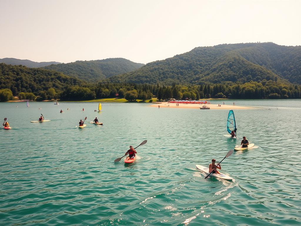 A serene lakeside scene with crystal-clear waters glistening under the golden rays of the afternoon sun. In the foreground, individuals engage in a variety of water sports, from kayaking and stand-up paddleboarding to windsurfing and jet skiing. The middle ground features a sandy beach dotted with colorful umbrellas and people relaxing on towels, while the background showcases lush, verdant hills and forests that frame the tranquil setting. The image conveys a sense of adventure, rejuvenation, and appreciation for the great outdoors, perfectly capturing the essence of "Badeseen für Sport- und Abenteuerliebhaber".