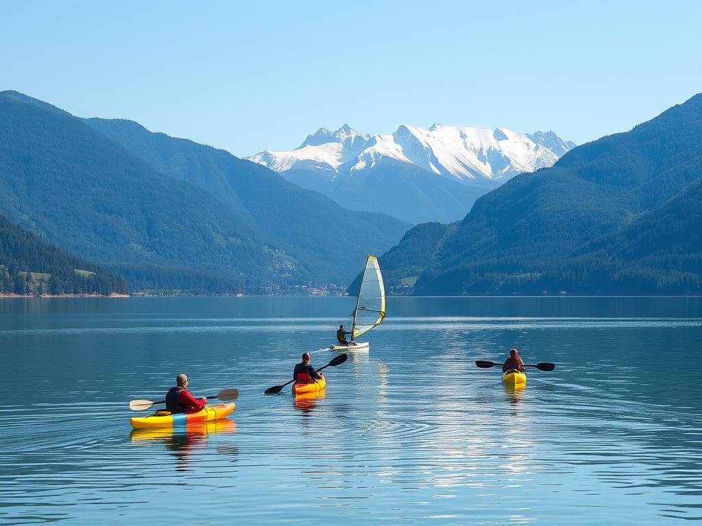 A serene lakeside setting in southern Germany, with crystal-clear waters reflecting the lush, rolling hills of Bavaria and Baden-Württemberg. In the foreground, a group of adventurous paddlers navigate their kayaks, their colorful vessels gliding effortlessly across the glassy surface. The middle ground features a windsurfing enthusiast, their sail catching the gentle breeze as they carve graceful turns. In the background, towering peaks frame the scene, their snow-capped summits basking in the warm, golden light of the afternoon sun. The atmosphere is one of tranquility and exhilaration, inviting viewers to immerse themselves in the joys of water sports amid the stunning natural beauty of the southern German landscape.