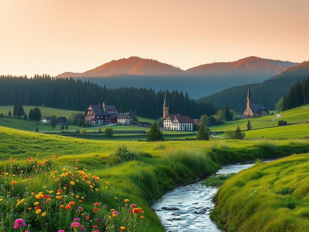 A serene landscape in Baden-Württemberg, Germany, capturing the essence of "Kulinarische Erlebnisse genießen". In the foreground, a lush meadow dotted with vibrant wildflowers and a meandering stream. In the middle ground, a picturesque village nestled among rolling hills, its half-timbered houses and church steeple reflected in the calm waters. The background features the majestic silhouette of the Black Forest, its dense canopy of evergreens casting a warm, golden glow under the soft, diffused lighting of the afternoon sun. The scene exudes a sense of tranquility and invites the viewer to savor the local culinary delights amidst the natural beauty of the region.