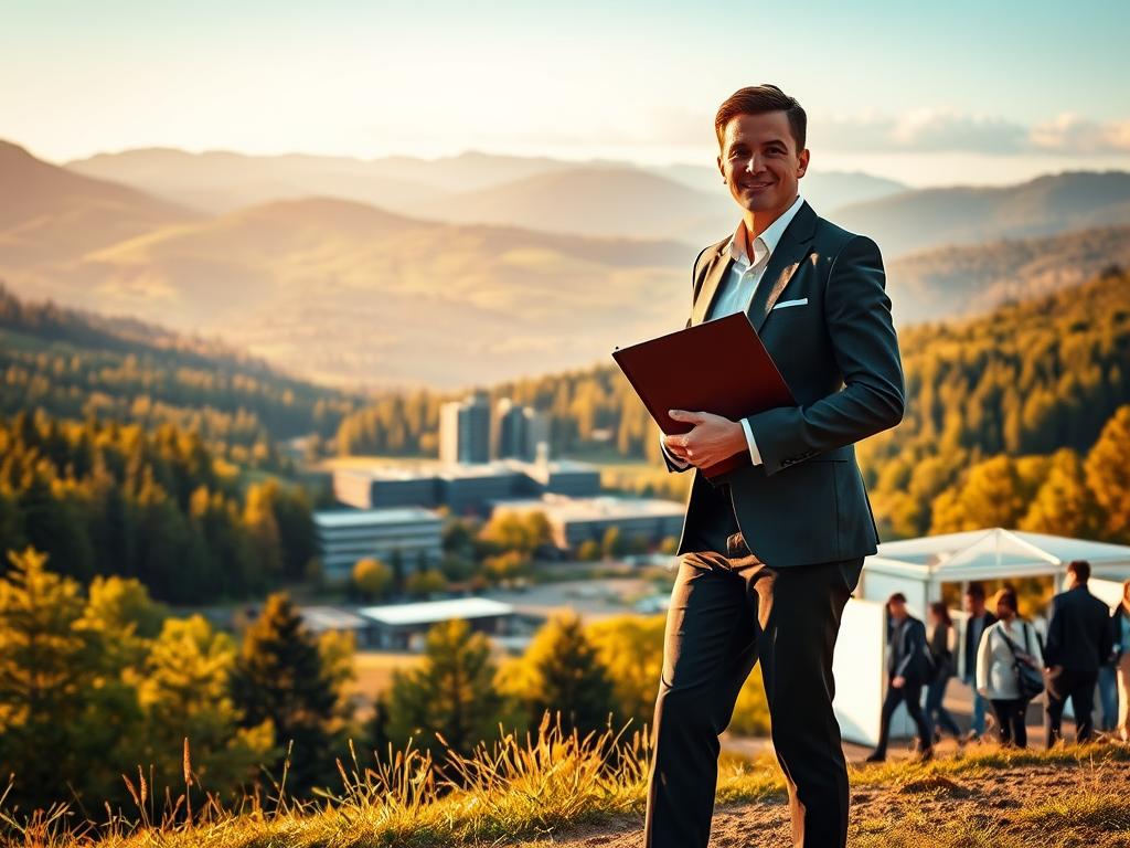 A serene landscape in southern Germany, with rolling hills and lush forests in the background. In the foreground, a well-dressed professional stands confidently, portfolio in hand, as they navigate a bustling job fair. The scene is bathed in warm, golden lighting, creating a sense of optimism and opportunity. The middle ground features a collection of modern office buildings, symbolizing the thriving job market. The overall composition conveys the idea of a vibrant, dynamic region offering a wealth of employment prospects for job seekers.