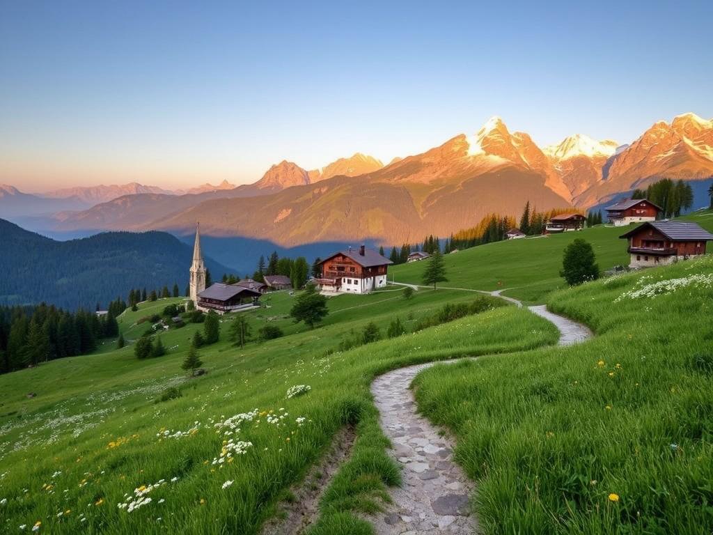 A serene landscape in the Allgäu region, showcasing the beauty of sustainable tourism. In the foreground, a winding mountain path leads through a lush, verdant meadow dotted with wildflowers. In the middle ground, traditional Bavarian-style farmhouses and chalets nestle amidst rolling hills, their wooden facades and gabled roofs reflecting the region's rich cultural heritage. The background is dominated by the majestic peaks of the Allgäu Alps, their snow-capped summits glowing in the warm, golden light of the setting sun. The scene evokes a sense of tranquility and harmony, where human activity coexists in balance with the breathtaking natural surroundings.