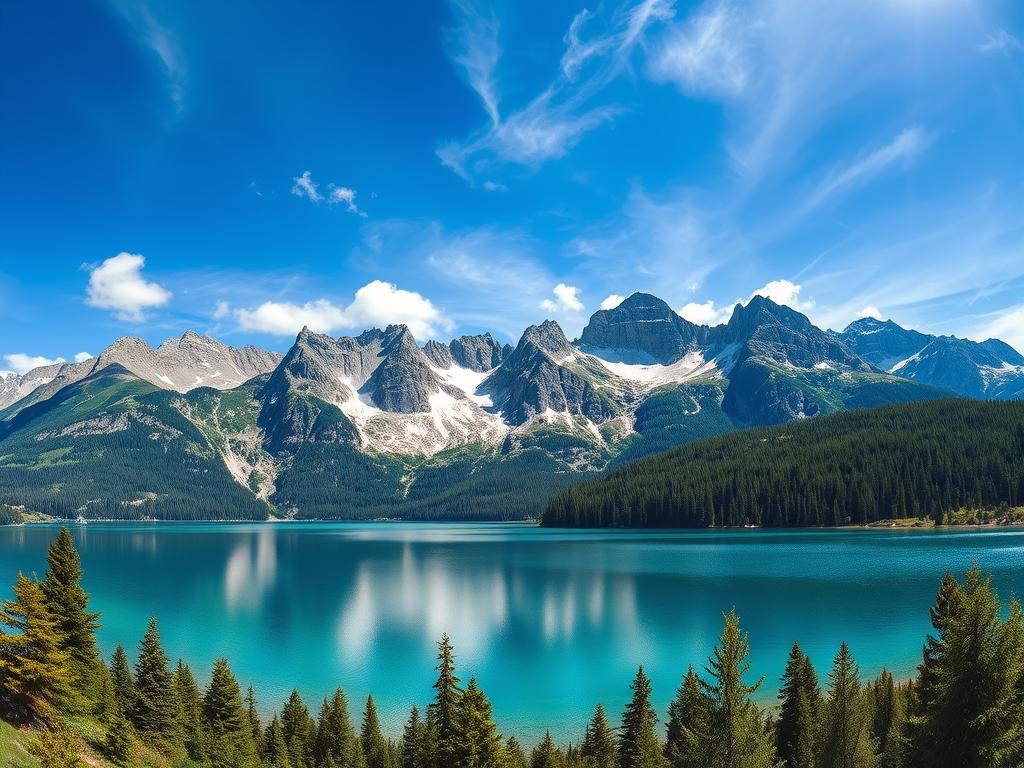 A serene landscape of picturesque German national parks and pristine lakes, captured with a wide-angle lens and soft, diffused natural lighting. The foreground features a tranquil alpine lake, its crystalline waters reflecting the rugged, snow-capped peaks in the middle ground. Lush, verdant forests line the shores, while wispy clouds drift across a vibrant, azure sky. In the background, majestic mountain ranges rise majestically, their towering silhouettes framing the scene. An atmosphere of untamed natural beauty, inviting the viewer to immerse themselves in the captivating splendor of Germany's breathtaking wilderness.