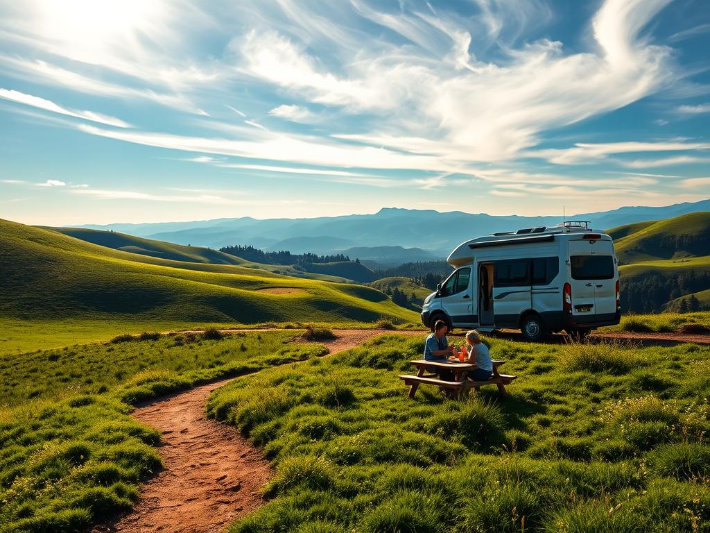 A serene landscape unfolds, a campervan nestled amidst rolling hills and lush meadows. Sunlight filters through wispy clouds, casting a warm glow over the scene. The vehicle's sleek, modern design invites the viewer to imagine the thrill of the open road, the freedom to explore uncharted paths. In the foreground, a well-worn hiking trail winds through the verdant terrain, hinting at the adventurous spirit of the wanderer. The middle ground features a picturesque picnic area, where a couple enjoys a leisurely meal, savoring the tranquility of their surroundings. Distant mountains rise in the background, their majestic peaks beckoning the traveler to venture forth. This image captures the essence of the motorhome lifestyle, where the journey itself becomes the destination, a reflection of the boundless possibilities that await.