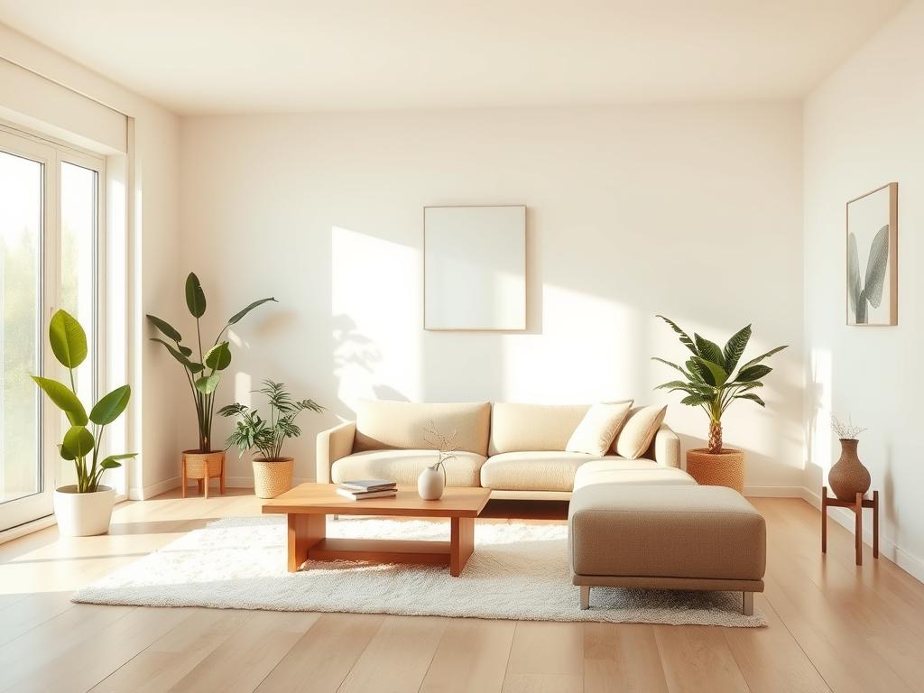 A serene, minimalist living room in soft, neutral tones. The space is bathed in warm, diffused lighting from large windows, highlighting clean lines and natural materials. A low, sleek sofa in oatmeal fabric anchors the room, accompanied by a simple wooden coffee table and a plush, ivory rug. Potted plants and a single abstract wall hanging add subtle pops of greenery and texture. The overall atmosphere is one of tranquility and understated elegance, inviting relaxation and thoughtful contemplation.