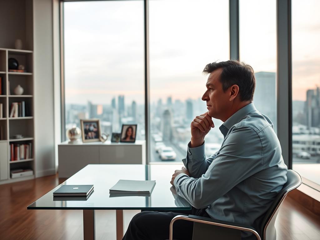 A serene, modern office interior with minimalist decor. In the foreground, a middle-aged business person sitting at a glass desk, deep in thought, contemplating the challenges of succession planning and digitalization. The middle ground features shelves with books and framed family photos, symbolizing the multigenerational nature of the family business. The background showcases floor-to-ceiling windows, letting in warm, diffused natural light and offering a view of a bustling city skyline, hinting at the broader economic and technological shifts impacting the company. The overall mood is one of pensive contemplation, with a subtle sense of both uncertainty and determination.