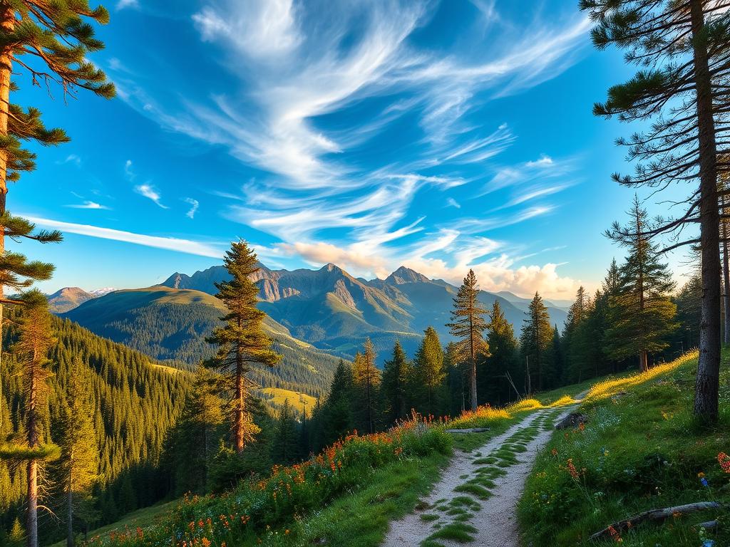 A serene mountain landscape in Bavaria, Germany, captured in warm golden sunlight. A picturesque hiking trail winds through a lush, verdant forest, flanked by towering peaks and rolling hills. Wispy clouds drift across a vibrant blue sky, casting gentle shadows on the tranquil scene below. The trail is lined with colorful wildflowers, inviting the viewer to explore the hidden natural wonders of this enchanting region. The scene is framed by towering pines and birch trees, creating a sense of peaceful solitude and connection with the great outdoors. This image perfectly encapsulates the beauty and serenity of the lesser-known hiking trails that dot the Bavarian countryside.