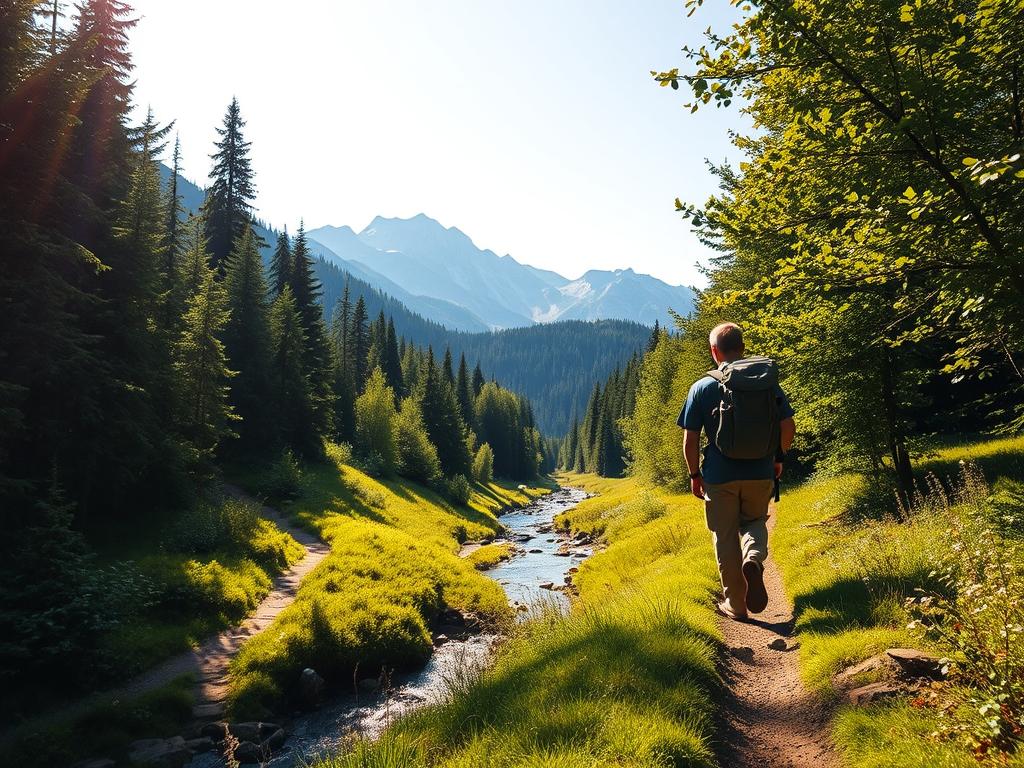 A serene mountain trail winds through lush, verdant forests, the dappled sunlight casting a warm glow on the scene. In the foreground, a hiker strides purposefully, their backpack and hiking boots suggesting a journey of self-discovery. The middle ground features a tranquil stream, its gentle gurgling inviting the viewer to pause and take in the sights and sounds of nature. In the distance, majestic peaks rise, their snow-capped summits reaching towards the azure sky. The overall atmosphere conveys a sense of peace, rejuvenation, and a deep connection with the natural world, perfectly capturing the essence of "Wandern für Stressbewältigung und Naturerlebnis".
