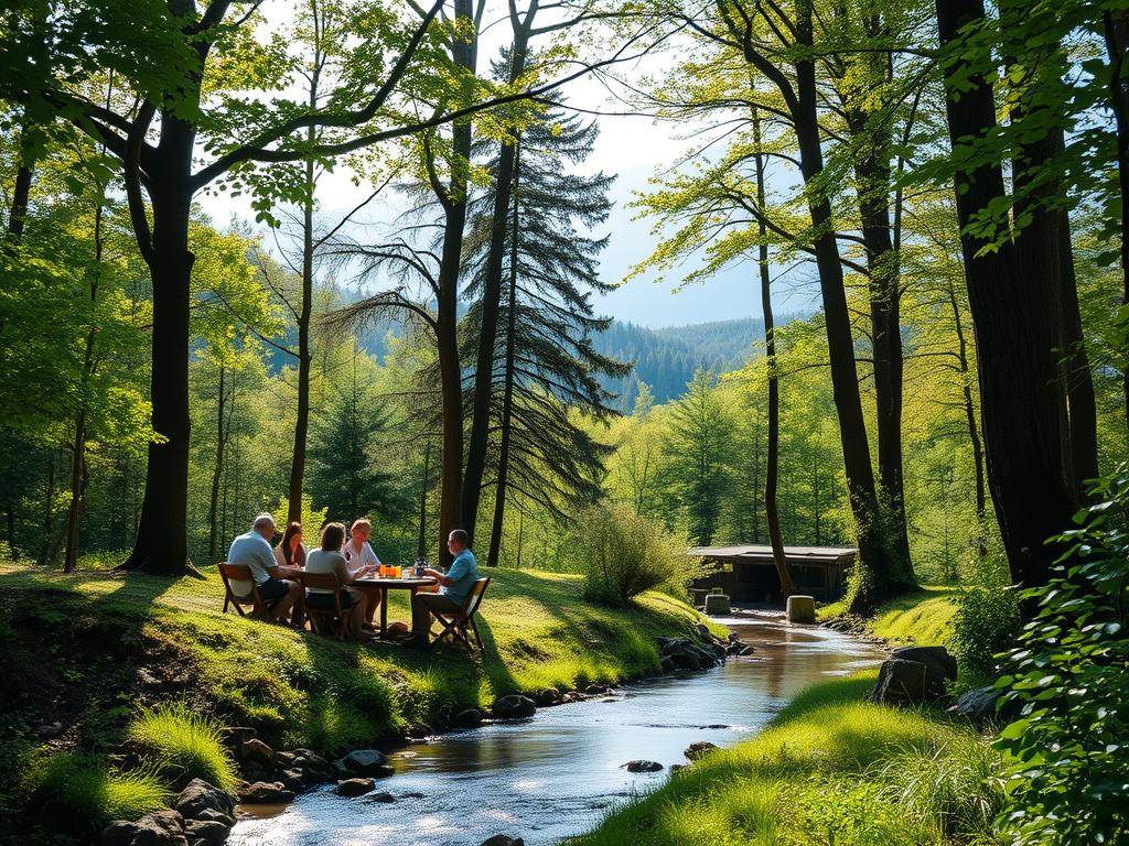 A serene nature retreat in the lush forests of Baden-Württemberg, Germany. In the foreground, a group of colleagues enjoying a relaxing outdoor picnic, surrounded by verdant foliage and towering trees. Soft natural light filters through the canopy, casting a warm, tranquil glow. In the middle ground, a meandering stream reflects the idyllic scene, its gentle current inviting exploration. The background frames the peaceful setting with rolling hills and distant blue mountains, creating a sense of seclusion and escape from the everyday. The overall atmosphere evokes a mood of rejuvenation and team bonding, perfectly suited for an inspiring "Betriebsausflug" getaway.
