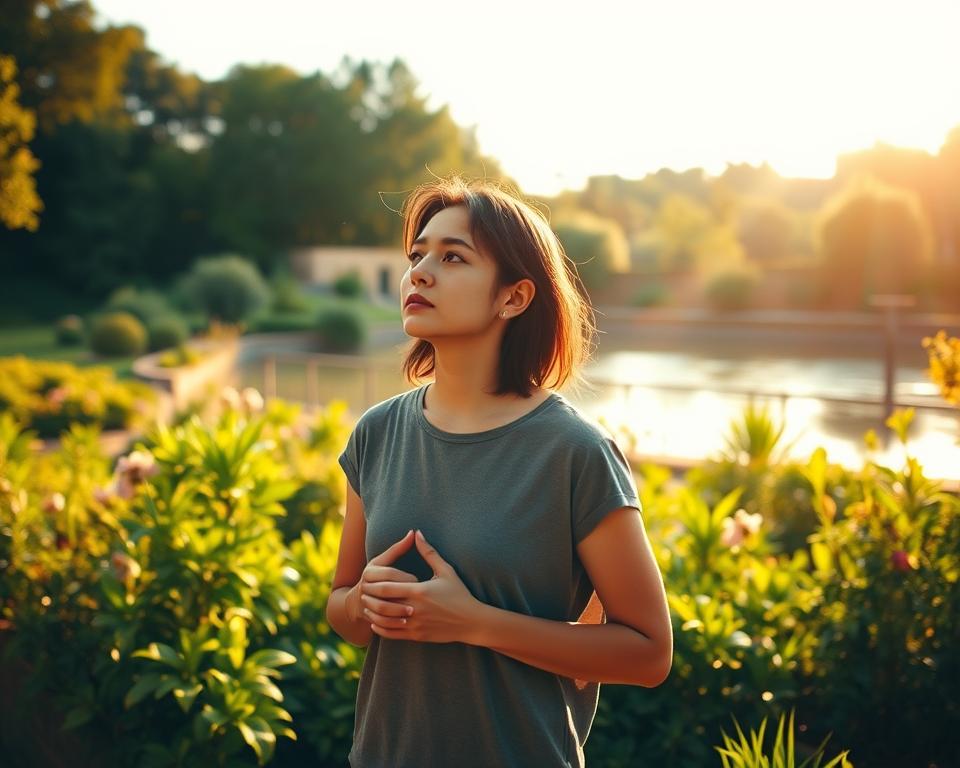 A serene outdoor scene, bathed in warm, golden sunlight. In the foreground, a person stands in a thoughtful pose, hands clasped, gazing introspectively. Their expression conveys a sense of personal growth and inner reflection. The middle ground features a lush, verdant garden, with flourishing plants and flowers symbolizing the blossoming of the individual. In the background, a tranquil pond reflects the sky, creating a calming, mirror-like surface. The overall atmosphere evokes a feeling of personal development, self-discovery, and the enrichment that can come from engaging in meaningful volunteer work.