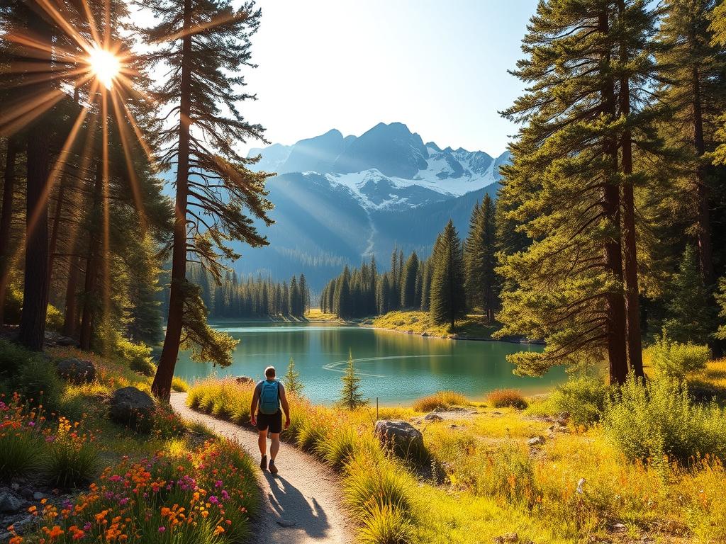 A serene outdoor scene in a lush German nature park. In the foreground, hikers traverse a winding trail flanked by vibrant wildflowers and towering pine trees. Streams of warm, golden sunlight filter through the canopy, casting a soft, inviting glow. In the middle ground, a crystal-clear lake reflects the tranquil surroundings, beckoning visitors to dip their toes. On the horizon, rugged, snow-capped peaks rise majestically, creating a dramatic backdrop. The atmosphere is one of tranquility and adventure, perfectly capturing the spirit of outdoor activities in Germany's breathtaking natural landscapes.