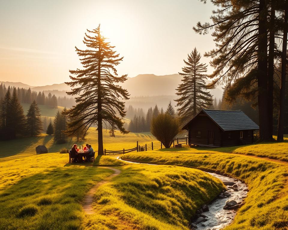 A serene pastoral scene of rolling hills, verdant meadows, and a cozy cottage nestled among towering pines. Warm afternoon sunlight filters through the branches, casting a golden glow over the scene. In the foreground, a family gathers around a table, sharing a meal and laughter, embodying the feeling of Heimatgefühl - a deep sense of belonging and connection to one's homeland. The middle ground features a winding path leading to a babbling brook, inviting the viewer to immerse themselves in the tranquil, picturesque setting. In the background, distant mountains rise, their peaks dusted with snow, adding a sense of scale and timelessness to the image. The overall mood is one of contentment, nostalgia, and a profound appreciation for the natural world.
