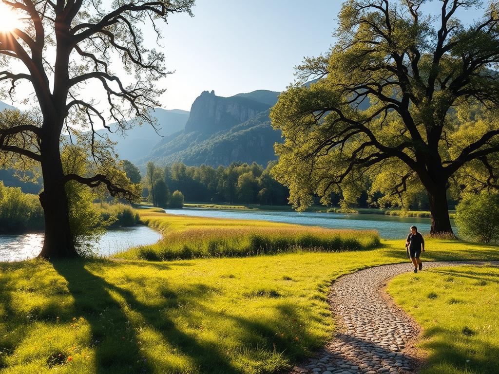 A serene riverside scene in the Donautal valley, with a group of hikers leisurely exploring the lush, verdant landscape. In the foreground, a small pebble path winds through a picturesque meadow, dotted with vibrant wildflowers. Towering, ancient oak trees cast dappled shadows across the scene, creating a warm, inviting atmosphere. In the middle ground, the iconic Danube river flows gently, its crystalline waters reflecting the surrounding foliage. In the distance, rolling hills and rugged limestone cliffs rise up, creating a dramatic, natural backdrop. The lighting is soft and golden, accentuating the tranquil, idyllic mood. Capture this picturesque moment of outdoor exploration and natural wonder in the heart of the Donautal.