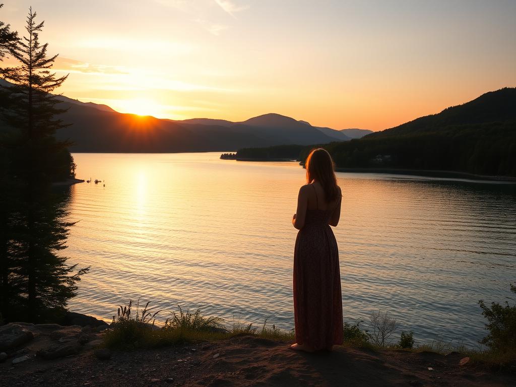 A serene, romantic lakeside scene at golden hour. In the foreground, a couple embraces on the shore, silhouetted against the warm, glowing sunset. The middle ground features a tranquil, crystalline lake, its surface reflecting the vibrant hues of the sky. The background showcases lush, verdant forests and rolling hills, creating a picturesque, idyllic landscape. Soft, diffused lighting illuminates the scene, evoking a sense of intimacy and natural beauty. A medium-wide lens captures the expansive, panoramic view, inviting the viewer to immerse themselves in this peaceful, enchanting setting.