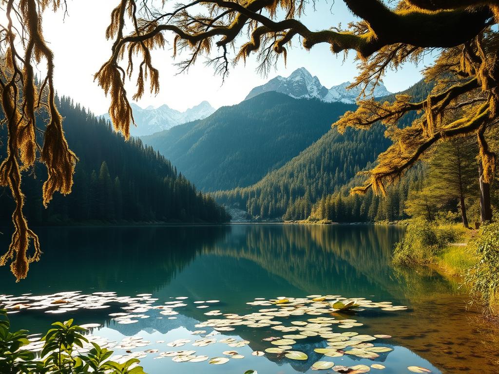 A serene, secluded lake nestled amidst lush, verdant foliage, its crystal-clear waters reflecting the surrounding mountainous landscape. The foreground depicts the tranquil surface, dotted with lily pads and framed by the overhanging branches of ancient, moss-covered trees. In the middle ground, dense, ancient forests climb the slopes, their canopies casting soft, dappled shadows onto the scene. The background features towering, snow-capped peaks reaching towards the heavens, their majestic silhouettes mirrored in the still, mirror-like surface of the lake. The entire scene is bathed in a warm, golden glow, evoking a sense of timeless, untouched natural beauty.