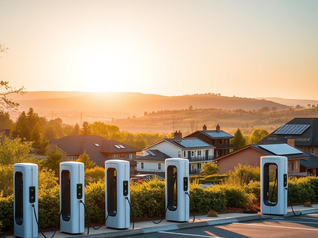 A serene southern landscape, illuminated by the warm glow of the sun. In the foreground, a row of modern electric vehicle charging stations, their sleek designs blending seamlessly with the surrounding architecture. The middle ground features a mix of residential and commercial buildings, their rooftops adorned with solar panels, hinting at the region's commitment to renewable energy. In the distance, rolling hills and lush greenery create a picturesque backdrop, emphasizing the integration of sustainable infrastructure within the natural environment. The scene conveys a sense of progress and environmental harmony, capturing the essence of the southern mobility transition.