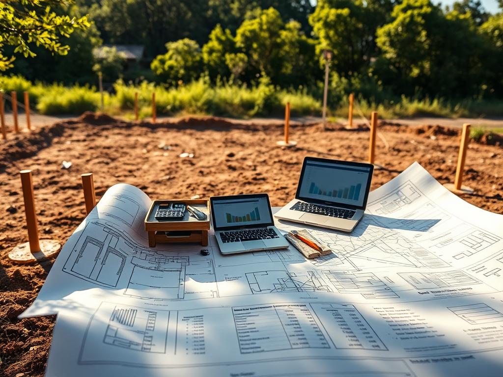 A serene, sun-dappled scene of a vacant building plot, its boundaries marked by wooden stakes and string. In the foreground, a meticulously detailed blueprint unfurls, revealing precise measurements, zoning information, and a carefully calculated budget breakdown. The middle ground showcases a small, portable workbench laden with architectural tools and a laptop displaying financial projections. In the background, a lush, verdant landscape frames the tranquil setting, hinting at the future potential of this blank canvas. Soft, warm lighting accentuates the thoughtful planning and preparation, creating an atmosphere of focused deliberation before the start of construction.