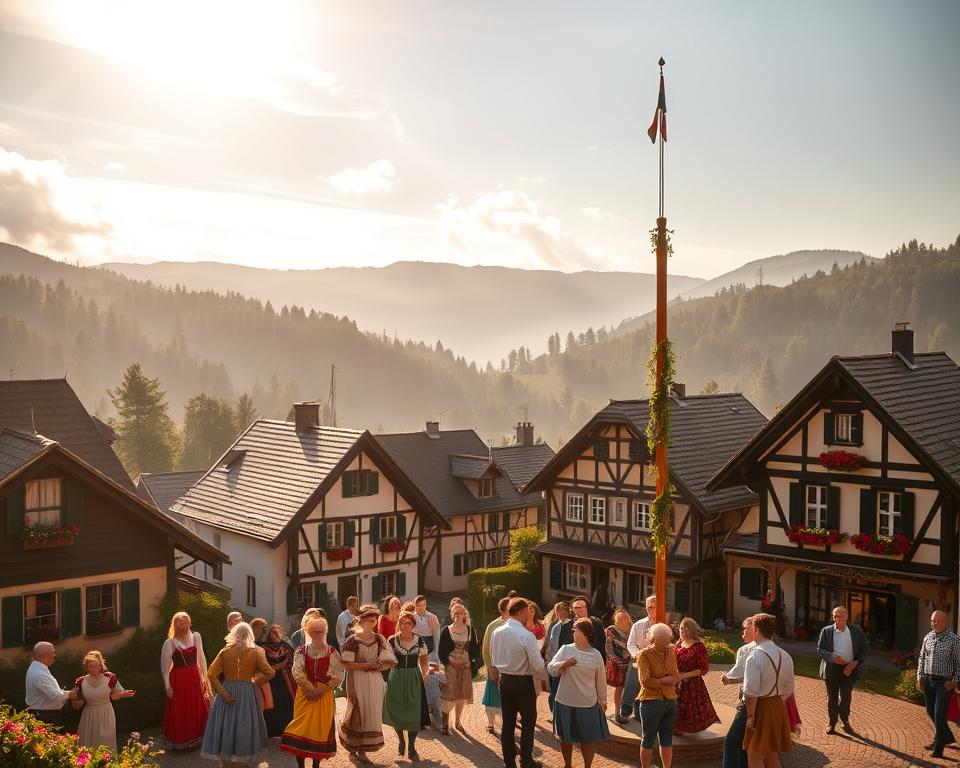 A serene, traditional German village nestled in a picturesque valley. In the foreground, a group of locals gather around a maypole, dressed in historic costumes and engaged in a lively folk dance. The middle ground features quaint half-timbered houses with ornate facades, their windows adorned with geranium-filled windowboxes. In the background, rolling hills and a densely forested landscape create a sense of timelessness. Warm, golden sunlight filters through wispy clouds, casting a soft, nostalgic glow over the scene. A sense of community, heritage, and the enduring importance of cultural traditions permeates the image.