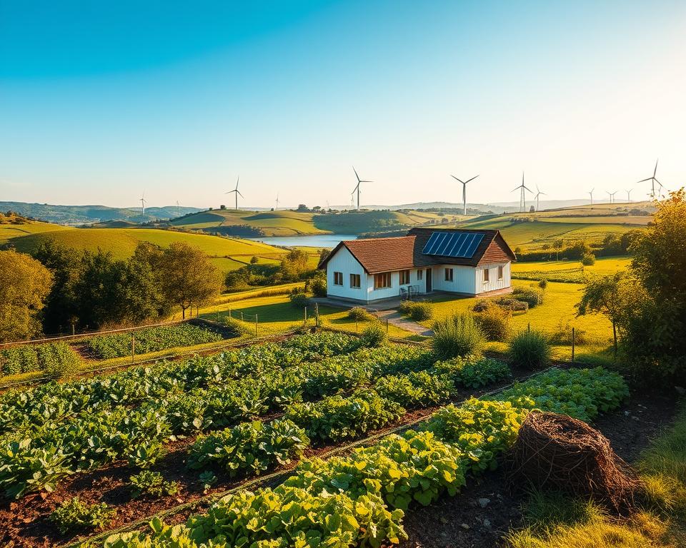 A serene village nestled in a lush, verdant landscape. In the foreground, a small organic farm with rows of thriving crops and a compost pile, tended by a family working in harmony with nature. The middle ground features a quaint, energy-efficient cottage with a solar panel array on the roof, surrounded by a neatly tended kitchen garden. In the background, rolling hills dotted with wind turbines and a small lake reflect the vibrant blue sky, creating a sense of tranquility and sustainability. The scene is bathed in warm, golden sunlight, conveying a feeling of community, environmental consciousness, and a deep connection to the land.