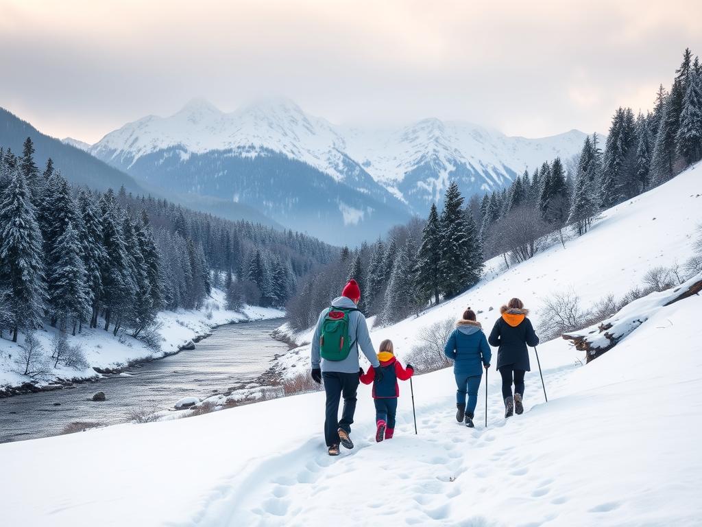 A serene winter landscape in the Bavarian Alps, with a family of four embarking on a peaceful hiking trail. In the foreground, a well-equipped group strolls through a gently snow-covered forest, their footprints leaving a trail behind them. The middle ground features a tranquil mountain stream, its banks lined with icicles sparkling in the soft, diffused light. In the background, majestic snow-capped peaks rise against a softly overcast sky, creating a sense of awe and wonder. The scene conveys a mood of tranquility, adventure, and quality time spent together in the great outdoors.