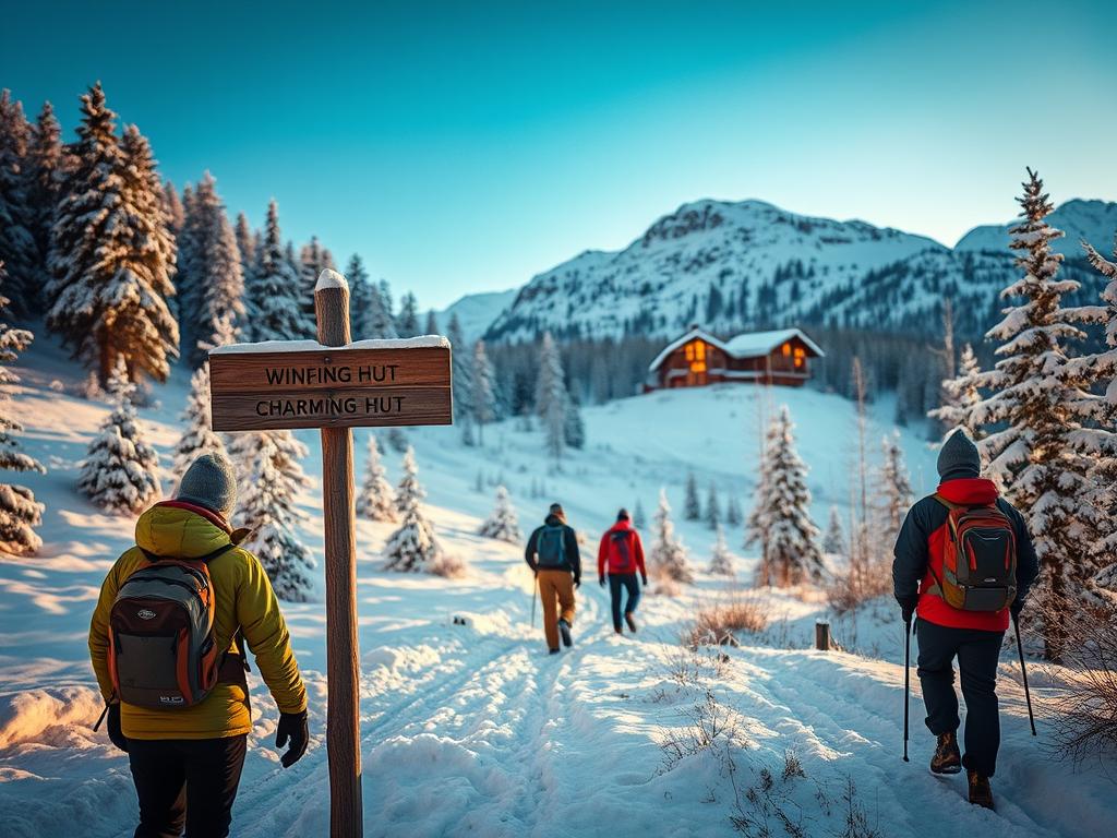 A serene winter landscape in the picturesque Austrian Alps, with a group of hikers leisurely trekking along a well-marked trail through a snowy forest. The scene is bathed in warm, soft lighting, creating a cozy, inviting atmosphere. In the middle ground, a rustic wooden sign points the way to a charming alpine hut, its inviting glow visible in the distance. The background features snow-capped peaks and a clear, azure sky, conveying a sense of tranquility and natural beauty. The hikers are dressed in appropriate winter gear, their faces reflecting the joy of experiencing the stunning alpine scenery. The overall composition evokes a feeling of peaceful contemplation and a deep appreciation for the splendor of the Winterwandern in the Alps.