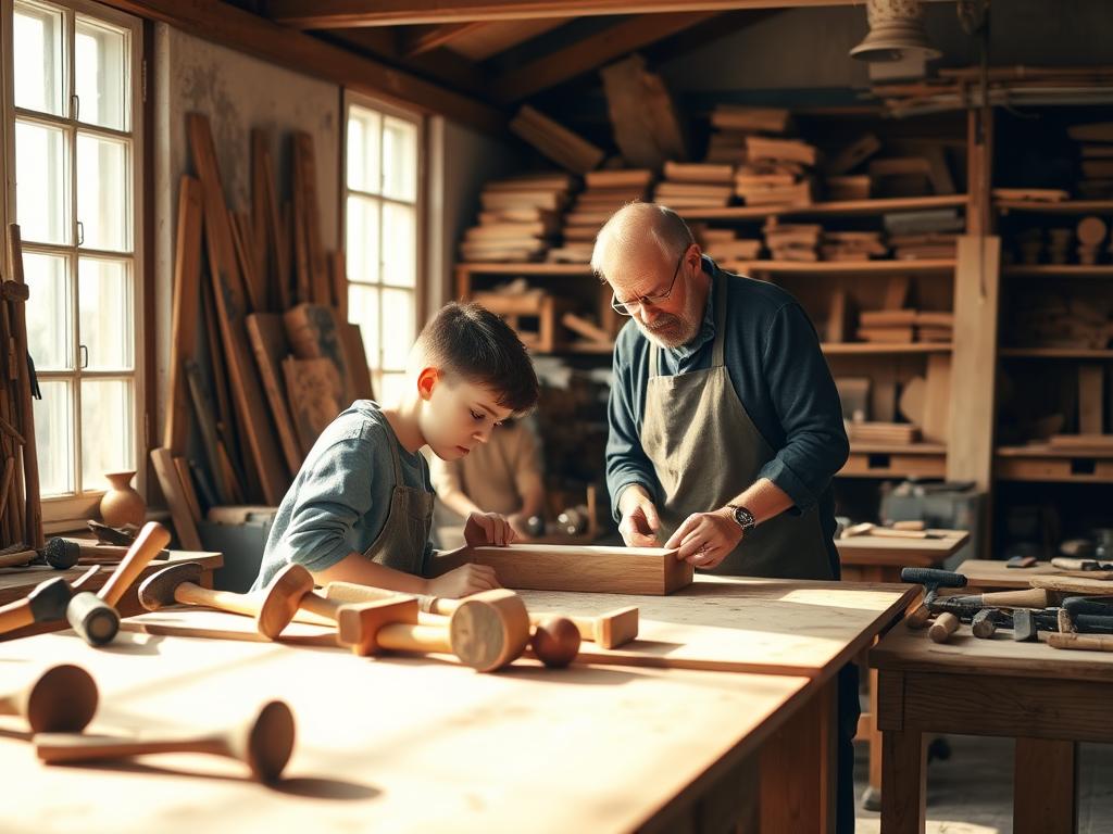 A serene workshop filled with the tools of the trade - hammers, chisels, and saws neatly arranged on wooden workbenches. Sunlight filters in through large windows, casting a warm glow over the scene. In the foreground, a young apprentice carefully shapes a piece of wood, focused and determined. In the middle ground, an experienced craftsman guides them, sharing their expertise. The background reveals shelves stocked with raw materials and finished products, showcasing the breadth of skills within this thriving Handwerksausbildung. The atmosphere is one of quiet industriousness, where tradition and innovation converge to forge a path forward for the future of skilled craftsmanship.