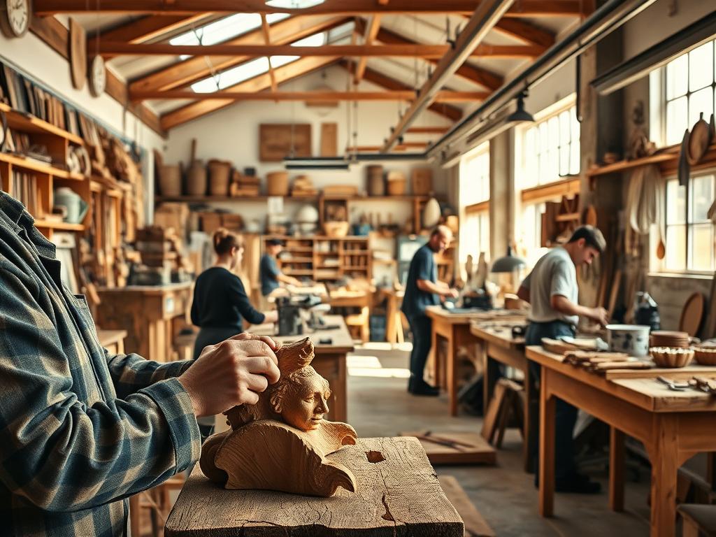 A serene workshop interior, filled with the tools and materials of a vibrant handwerksausbildung. In the foreground, a skilled artisan carefully carves a wooden masterpiece, their hands moving with practiced precision. Midground, apprentices work intently at workbenches, honing their craftsmanship under the guidance of experienced mentors. The background reveals a well-lit, airy space, showcasing the diverse range of projects in progress - from gleaming metalwork to intricate textile creations. Warm, natural lighting filters in, casting a welcoming glow and conveying a sense of tradition, innovation, and the pride of mastering one's craft. A harmonious blend of modern and timeless elements, this image celebrates the dynamic future of handwerksausbildung.