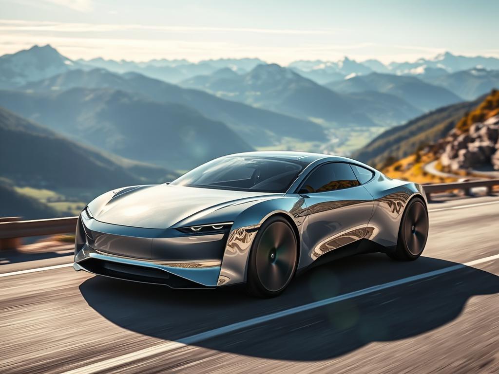 A sleek, futuristic electric car glides effortlessly down a winding mountain road, its streamlined silhouette cutting through the crisp, alpine air. The vehicle's advanced aerodynamic design and gleaming metallic finish reflect the sun's rays, creating a mesmerizing display of light and shadow. In the background, a panoramic vista of snow-capped peaks and lush, verdant valleys stretches out, hinting at the car's impressive performance and eco-friendly capabilities. The scene conveys a sense of innovation, technology, and a bold vision for the future of sustainable mobility.