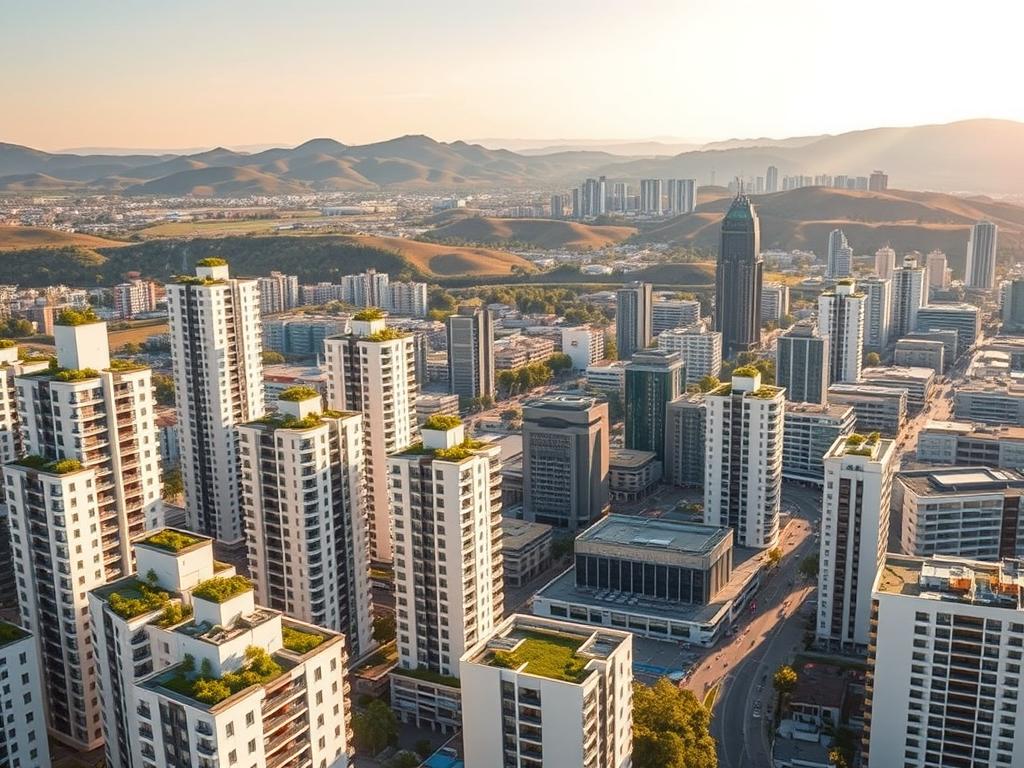 A sleek, modern cityscape in the year 2025, showcasing the latest trends in real estate. In the foreground, a cluster of high-rise residential towers with clean, minimalist designs and lush rooftop gardens. The middle ground features a bustling commercial district with stylish office buildings and trendy retail outlets. In the background, rolling hills and a vibrant, sun-drenched skyline. The scene is bathed in warm, golden light, creating a sense of prosperity and optimism. The architecture reflects the latest advancements in sustainable and energy-efficient design, hinting at the future of urban living. The overall impression is one of a thriving, forward-looking real estate market that caters to the needs of modern consumers.