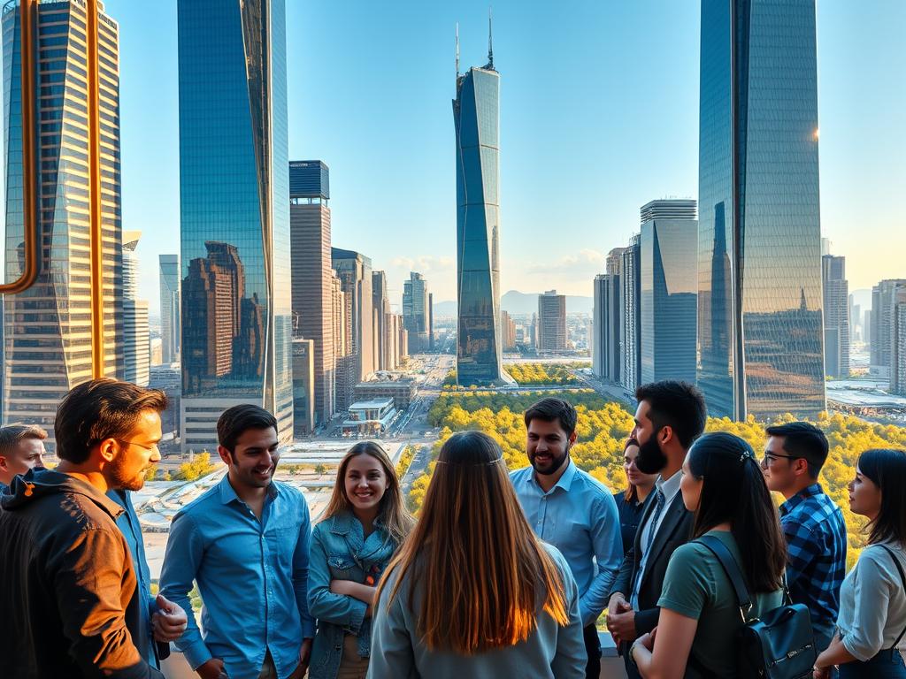 A sleek, modern cityscape with towering skyscrapers and gleaming glass facades, illuminated by warm, golden sunlight. In the foreground, a group of diverse individuals deeply engaged in animated discussion, their body language and facial expressions conveying a sense of collaboration, inspiration, and shared purpose. The middle ground features state-of-the-art technology, such as holographic displays and robotic systems, hinting at the innovative breakthroughs that are transforming the urban landscape. The background showcases a panoramic view of the city, with futuristic transportation systems and lush, verdant parks, creating an impression of a thriving, sustainable, and forward-thinking environment. The overall scene radiates a sense of dynamism, progress, and the limitless potential of human ingenuity.