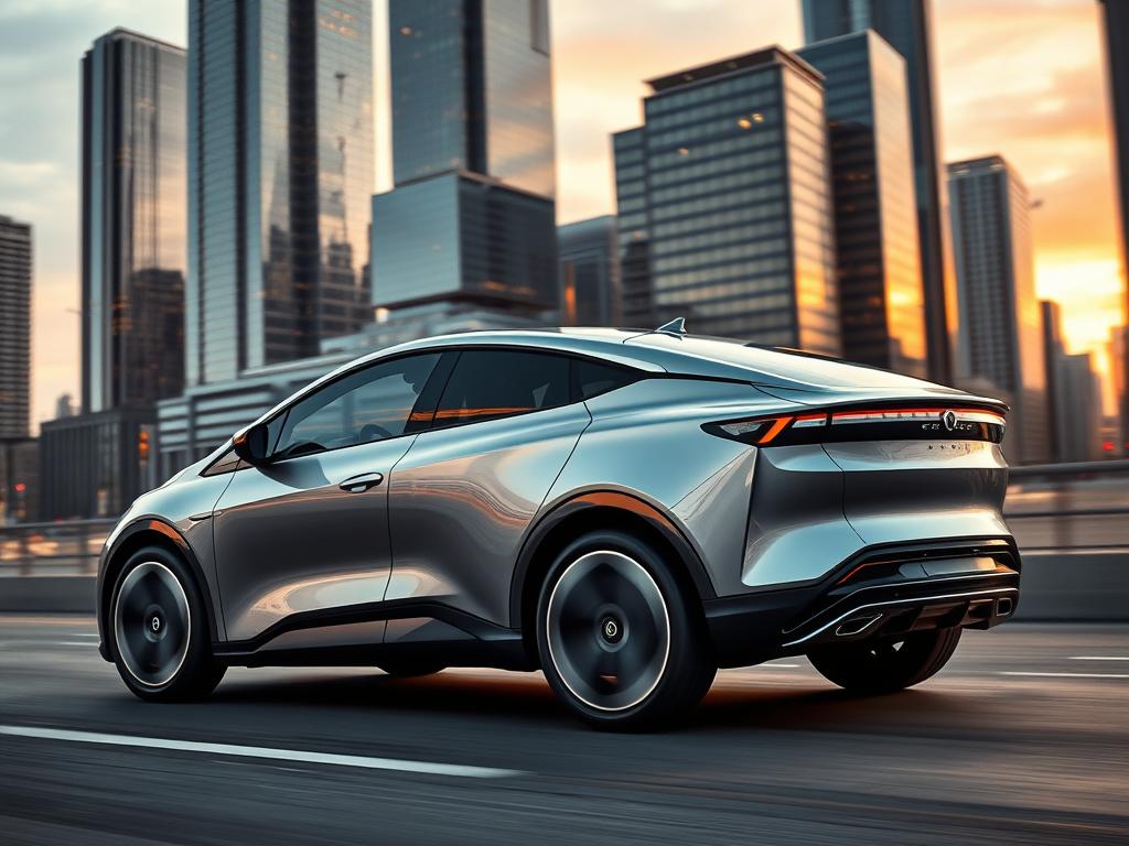 A sleek, modern electric vehicle glides against a backdrop of a vibrant cityscape. The car's aerodynamic design and gleaming metallic finish catch the eye, while the clean, emission-free powertrain conveys a sense of eco-conscious technology. Soft, directional lighting accentuates the vehicle's sharp lines and curves, creating a sense of sophistication and futuristic appeal. The urban setting, with its towering skyscrapers and bustling streets, reinforces the versatility and practicality of this state-of-the-art Elektrofahrzeug. The overall scene exudes a progressive, sustainable, and forward-thinking atmosphere, perfectly capturing the essence of the latest trends in e-mobility.
