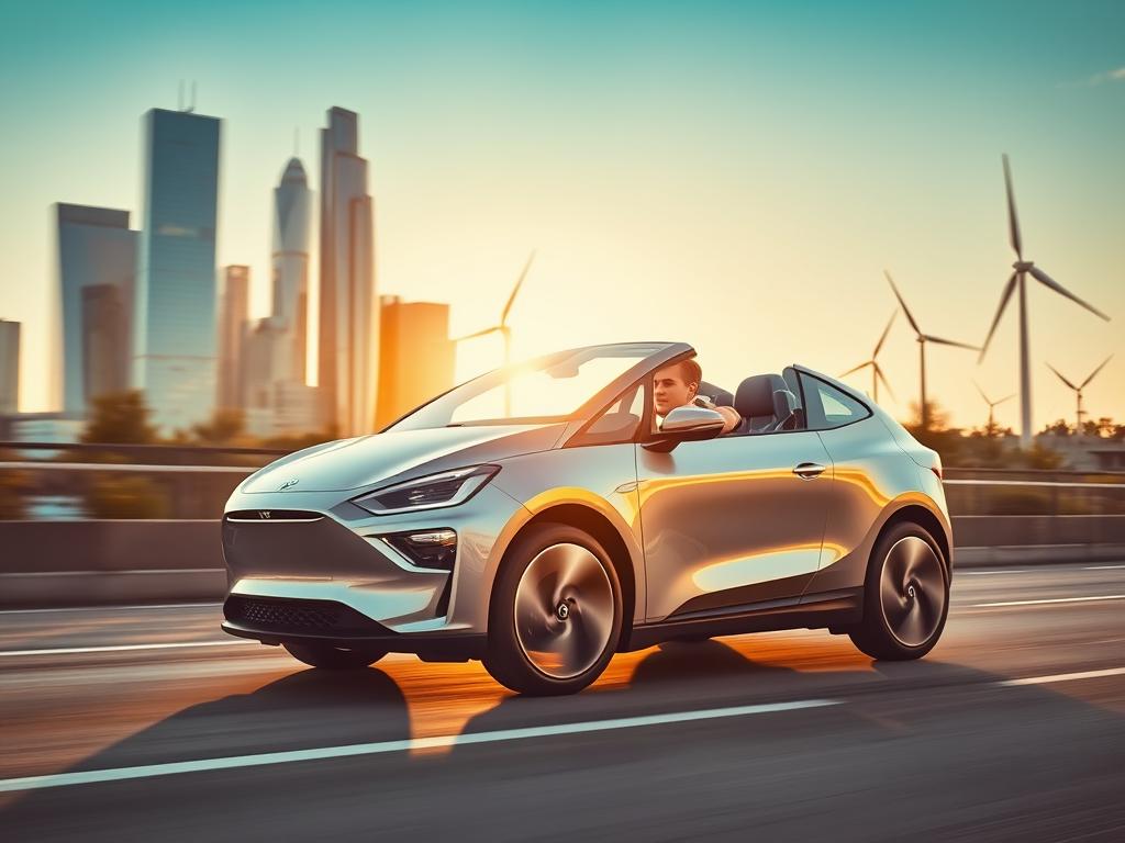 A sleek, modern electric vehicle glides through a city streetscape, its smooth contours and gleaming finish catching the warm glow of the afternoon sunlight. In the background, futuristic skyscrapers and wind turbines speak to the clean, sustainable energy powering this new era of mobility. The driver, a young professional, exudes a sense of confidence and environmental consciousness as they navigate the urban landscape, leaving behind a trail of zero emissions. The scene conveys the allure and importance of e-mobility, a technological revolution that is transforming the way we think about transportation and its impact on the world around us.