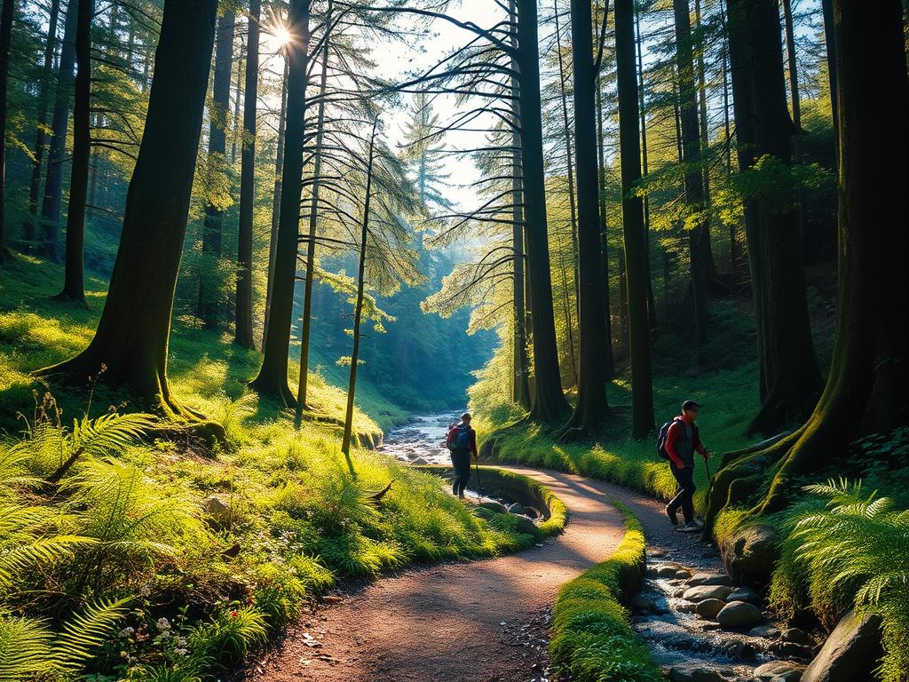 A sun-dappled forest path winds through a lush, verdant landscape. Towering trees with thick, mossy trunks line the way, their canopies filtering the warm, golden light. Beneath, a carpet of ferns and wildflowers sway gently in a soft breeze. In the distance, a babbling stream gurgles over smooth rocks, its gentle melody inviting deeper exploration. Hikers pause to admire the serene beauty, pausing to breathe in the earthy, rejuvenating scents of the forest. This tranquil, immersive Naturwanderung captures the essence of a peaceful, restorative journey into nature.