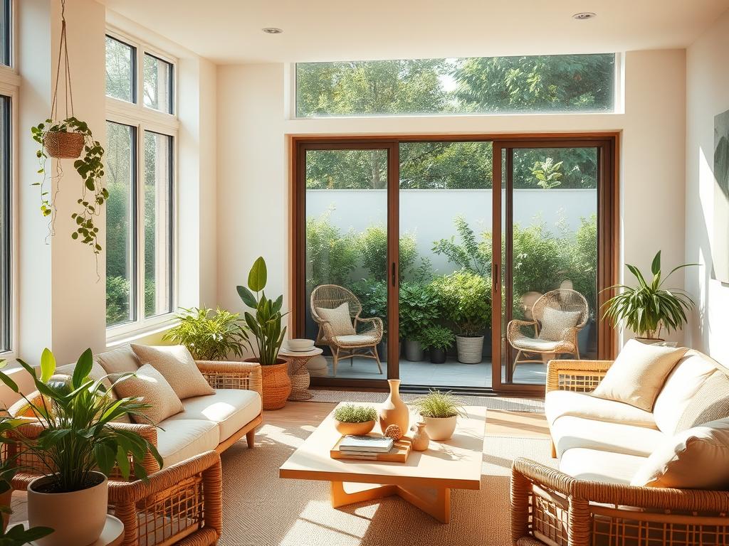 A sun-drenched minimalist living room with large windows overlooking a lush, verdant garden. The room features natural wood and rattan furniture, including a comfortable couch and armchair. Potted plants and a hanging herb garden add pops of greenery, while a sleek, low-profile coffee table holds sustainable decor pieces. The space is flooded with warm, diffused lighting, creating a serene, nature-inspired ambiance. In the background, a sliding glass door leads to an outdoor patio surrounded by thriving shrubbery and a small herb garden. The overall scene conveys a sense of harmony between modern, sustainable design and a connection to the natural world.