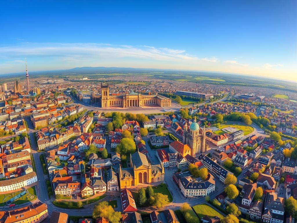 A sweeping aerial view of Germany's most popular locations, captured in stunning detail. In the foreground, bustling city centers with iconic landmarks like the Brandenburg Gate in Berlin, the Cologne Cathedral, and the Bavarian Alps. In the middle ground, picturesque small towns and historic villages dotting the countryside, their charming half-timbered houses and winding cobblestone streets basking in warm, golden light. In the distance, the serene landscapes of the Rhine Valley, the Black Forest, and the North Sea coastline, their natural beauty complemented by the rich cultural heritage of this diverse nation. The image conveys a sense of Germany's alluring blend of modernity and tradition, inviting the viewer to explore its most beloved destinations.