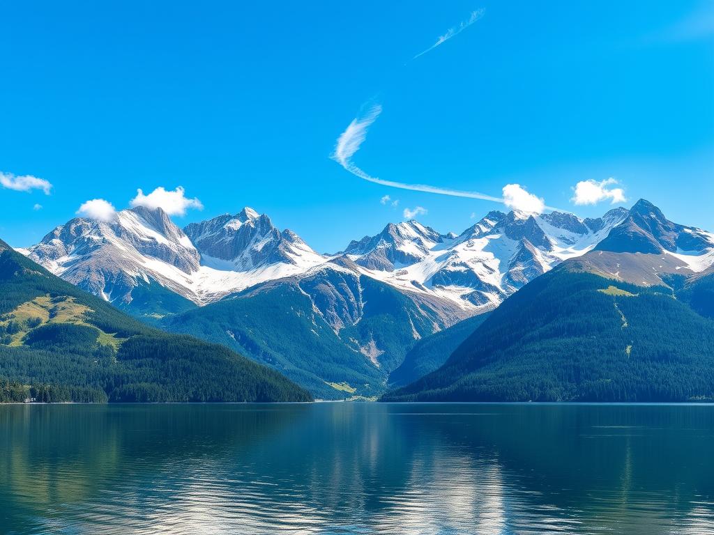 A sweeping vista of the majestic Alps, captured in a wide-angle panoramic view. The towering, snow-capped peaks rise majestically against a crisp, azure sky, their rugged slopes blanketed in lush, verdant forests. In the foreground, a tranquil alpine lake reflects the grandeur of the surrounding mountains, its mirror-like surface rippling gently in the soft, natural light. Wisps of cloud drift lazily overhead, adding depth and dimension to the scene. The overall mood is one of awe-inspiring natural beauty, inviting the viewer to immerse themselves in the breathtaking Alpenpanorama.