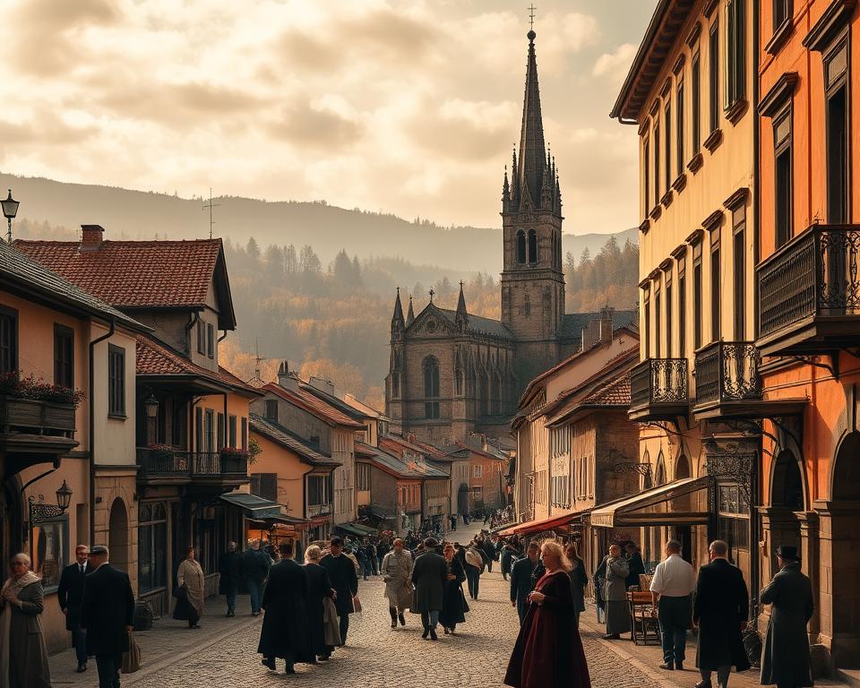 A timeless historic scene unfolds, capturing the essence of a bygone era. In the foreground, a quaint town square is bustling with life, its cobblestone streets and ornate architecture exuding a sense of timelessness. Figures in period costumes move about, their gestures and expressions conveying the rhythms of daily life. In the middle ground, a grand cathedral towers, its spires reaching skyward, a testament to the region's rich cultural heritage. The background is framed by rolling hills and lush forests, hinting at the natural beauty that surrounds the historic site. Warm, golden lighting bathes the scene, creating a nostalgic, cinematic atmosphere that transports the viewer back in time. This image evokes the allure of exploring the hidden gems of regional history, inviting the viewer to uncover the stories that lie within these hallowed grounds.