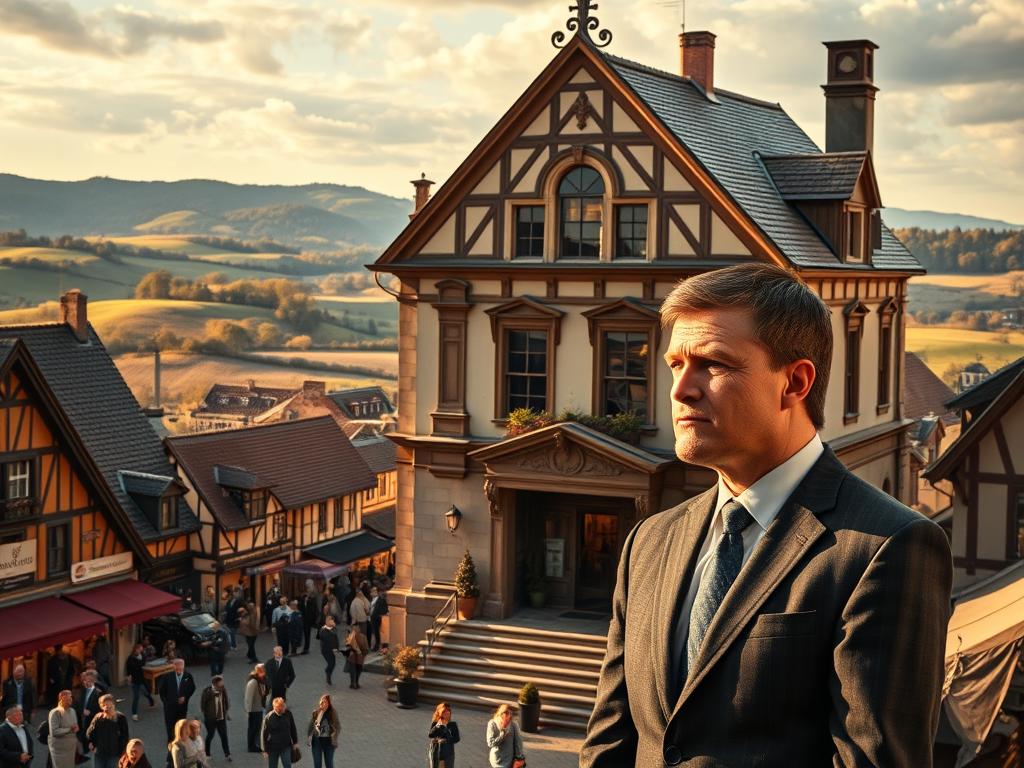 A town hall standing proud in the center of a quaint village, its facade adorned with intricate architectural details. The mayor, dressed in a crisp suit, stands at the entrance, a thoughtful expression on their face as they contemplate the challenges of their role. In the foreground, a bustling town square with citizens going about their daily lives, while in the background, rolling hills and a picturesque countryside provide a serene backdrop. Warm, golden lighting illuminates the scene, creating a sense of warmth and a touch of nostalgia. The overall atmosphere conveys the weight of responsibility and the dedication required to lead a community effectively.