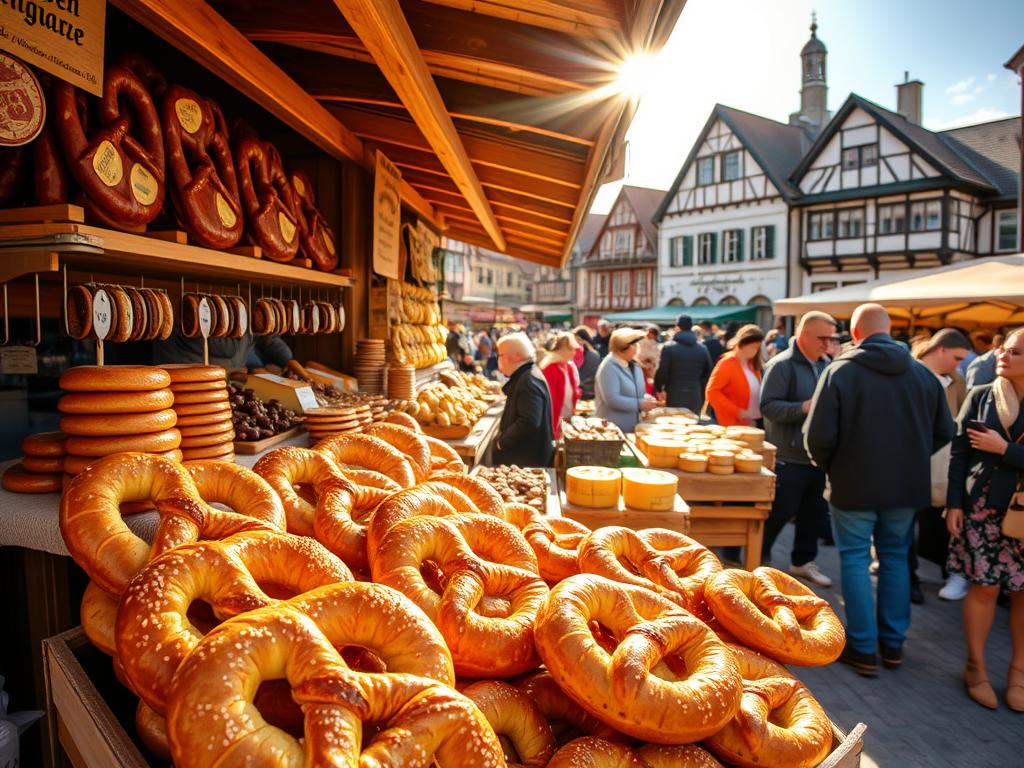A traditional Bavarian open-air market scene, showcasing an assortment of freshly baked pretzels (Brezen) and other local delicacies. The sun shines brightly, casting a warm glow over the rustic wooden stalls and lively crowd. In the foreground, a vendor displays an array of glistening, golden-brown pretzels, their signature knots and coarse salt visible. Behind them, shelves overflow with regional specialties like smoked sausages, creamy cheeses, and fragrant baked goods. The middle ground is bustling with shoppers eagerly sampling the tantalizing fare, while in the background, the iconic architecture of a Bavarian town provides a charming backdrop. The overall atmosphere exudes the inviting, convivial spirit of a traditional Bavarian celebration of local cuisine.