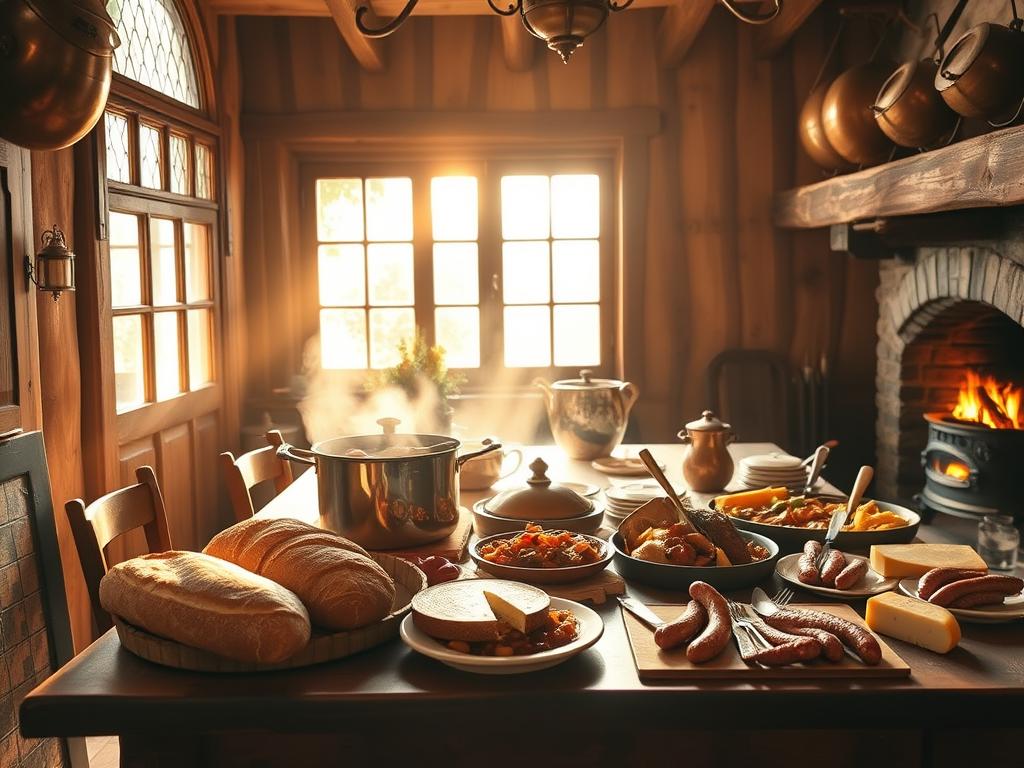 A traditional Franconian kitchen, bathed in warm, golden light streaming through leaded glass windows. On the large wooden table, an array of local delicacies - freshly baked Franconian bread, a steaming pot of hearty stew, and platters of sausages and cheeses. The walls are adorned with antique copper pots and pans, while a cozy fireplace crackles in the corner, casting a gentle glow over the scene. The atmosphere is one of rustic comfort and culinary tradition, inviting the viewer to experience the rich cultural heritage of the Franconian region.