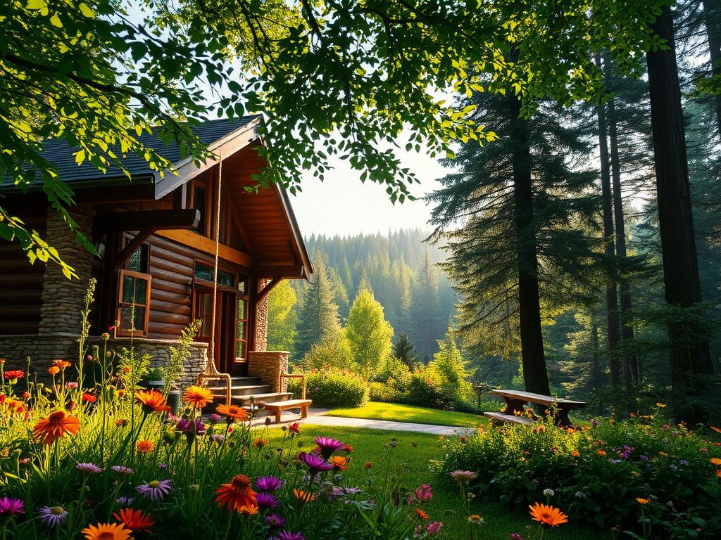 A tranquil Schwarzwald house nestled in a lush, verdant forest. The structure, a harmonious blend of wood, stone, and natural materials, seamlessly integrates with its surrounding landscape. Sunlight filters through the canopy, casting a warm, golden glow across the scene. In the foreground, a well-tended garden bursts with vibrant wildflowers, inviting a sense of connection to the earth. The middle ground reveals a rustic porch, where a wooden swing sways gently, hinting at the leisurely pace of life within. Beyond, the dense, towering trees of the Black Forest stretch out, creating a serene, natural backdrop that evokes a deep appreciation for the beauty and tranquility of living in harmony with the environment.