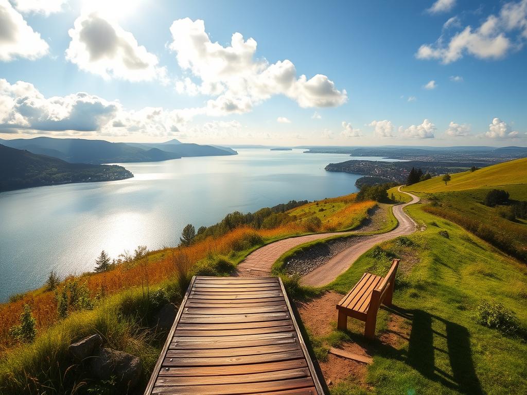 A tranquil lake stretches out before a winding trail, surrounded by lush, rolling hills. The Bodensee-Rundweg, a picturesque pathway hugging the shoreline, invites hikers to immerse themselves in the serene beauty of this iconic German landscape. Warm, golden sunlight filters through fluffy clouds, casting a soft glow over the scene. In the foreground, a wooden jetty or pier extends into the crystalline waters, providing a perfect vantage point to admire the panoramic vistas. The middle ground features a gently sloping path, flanked by vibrant greenery and the occasional weathered bench, enticing visitors to slow down and savor the moment. In the distance, the horizon is dotted with the silhouettes of quaint towns and villages, their charming architecture blending seamlessly with the natural surroundings.